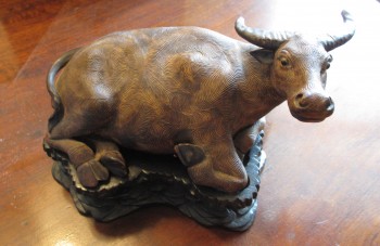19th Century Chinese Reclining Bull (mark) on Carved Teak Stand