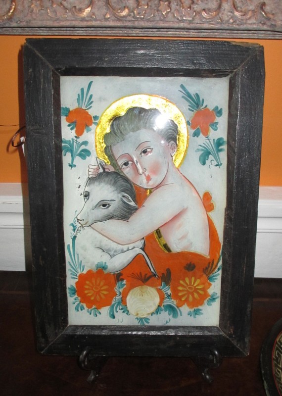 Antique 19th c Reverse Painting on Glass, Continental, St. John the Baptist