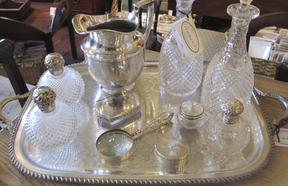 Pair of silver and crystal perfume bottles, Silver Tray and Pitcher
