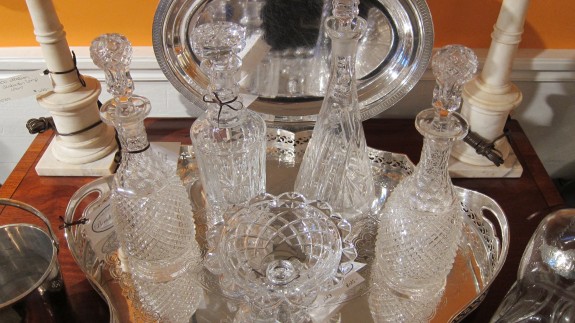 Silver Tray with Crystal and Glass Decanters
